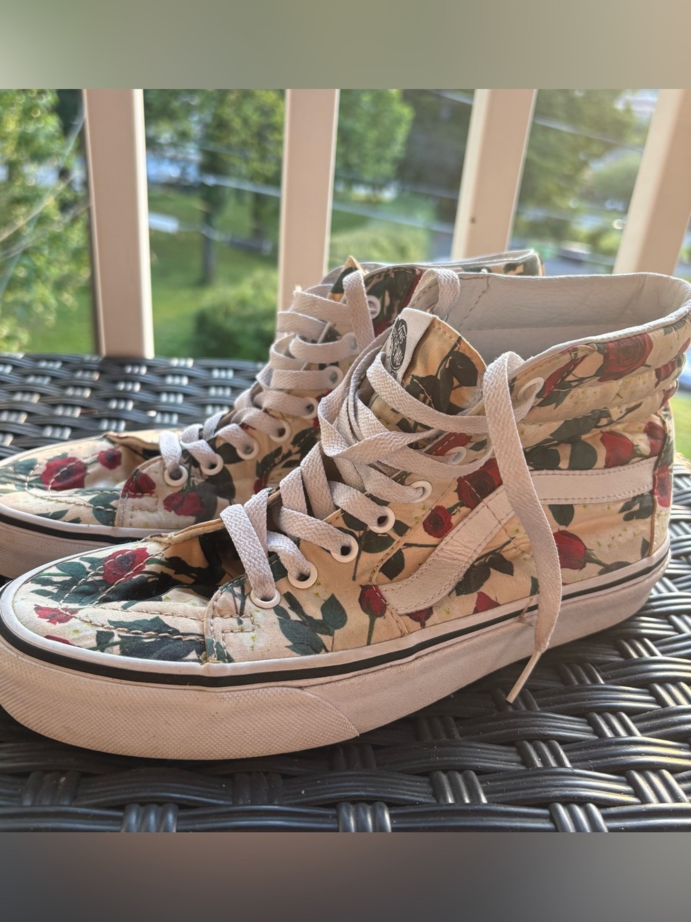 Vans High-Top Floral Canvas Sneakers in Cream and Red